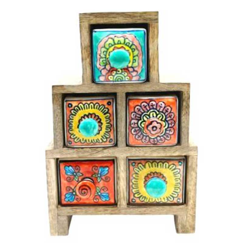 Multi Colour 5 Drawer Pyramid Box - Handpainted