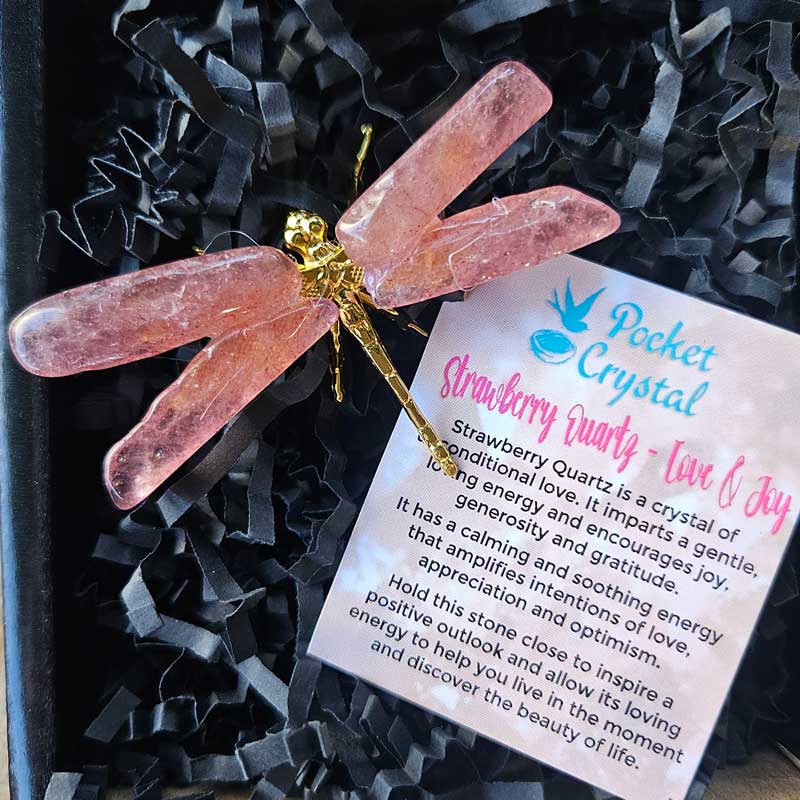 Dragonfly Crystal - Strawberry Quartz Love & Joy (Gold)