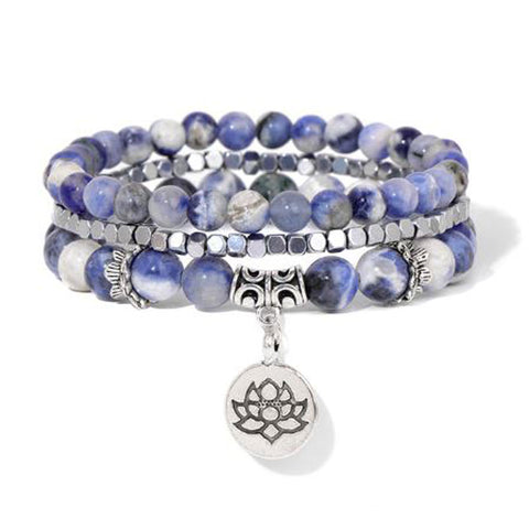 Natural Stone Lotus Triple Stack Bracelet - Boho Blue Sodalite