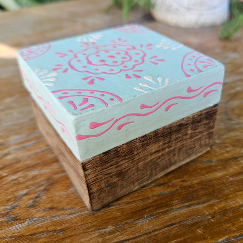 Aqua & Pink Mini Wood Box - Handpainted