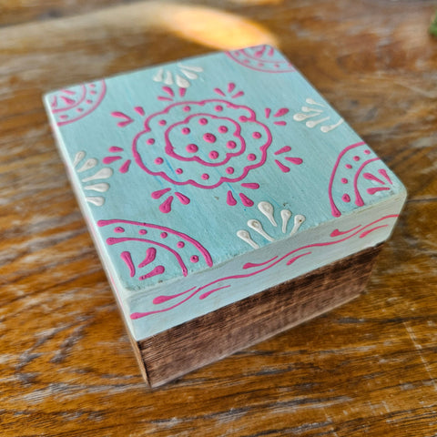 Aqua & Pink Mini Wood Box - Handpainted