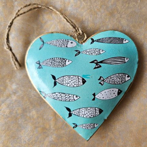 Fish Design Hanging Metal Heart Ornament - Aqua