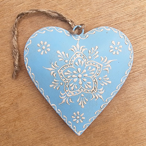 Henna Design Metal Hanging Heart Ornament - Blue