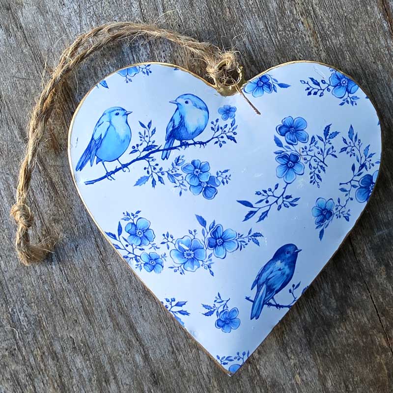 Birds Blue Floral Metal Heart Ornament