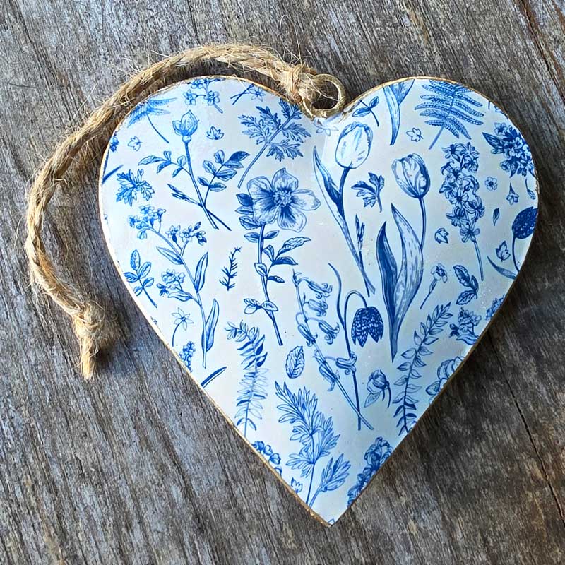 Blue & White Floral Metal Heart Ornament