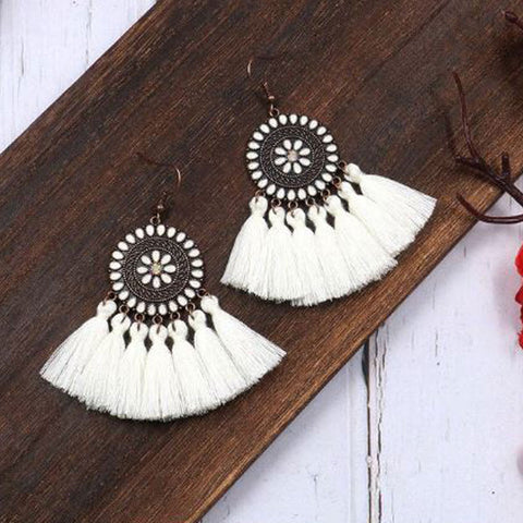 Boho Tassel Fan Earrings - White