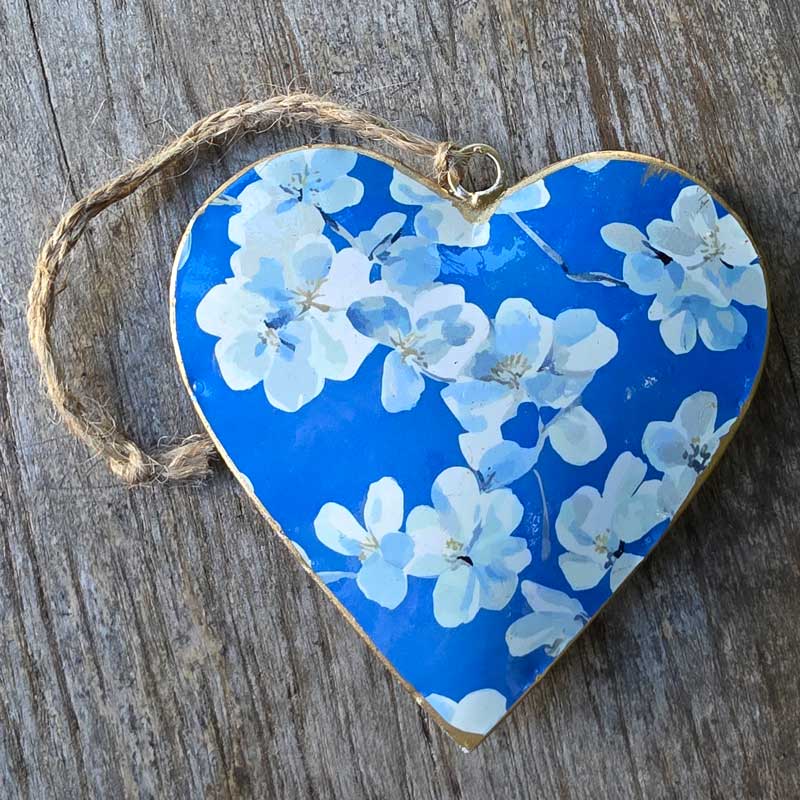 Bright Blue Floral Metal Heart Ornament