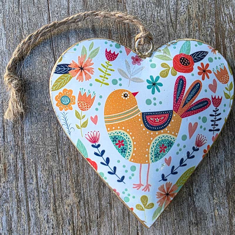 Bird Multicolour Metal Heart Ornament - White (A)