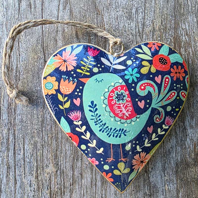 Bird Multicolour Metal Heart Ornament - Black (B)