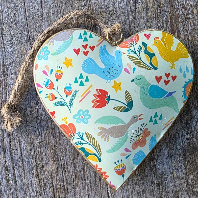 Pastel Yellow Bird Design Metal Heart Ornament