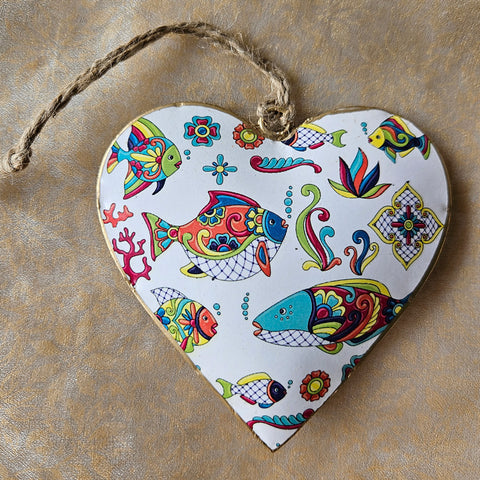Fish Design Hanging Metal Heart Ornament - Colourful
