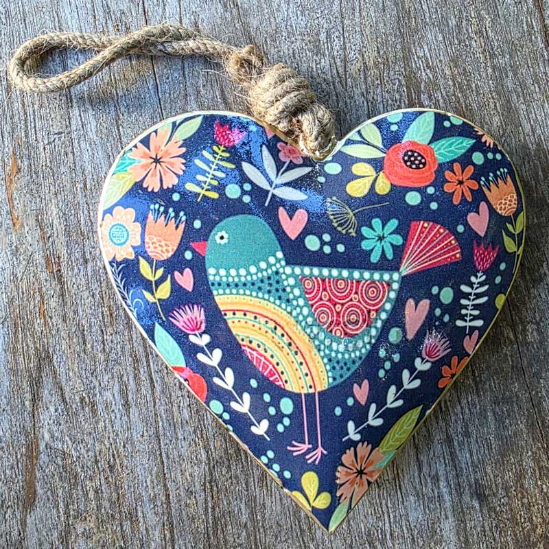Black Floral Bird Design Metal Heart Ornament - Extra Large
