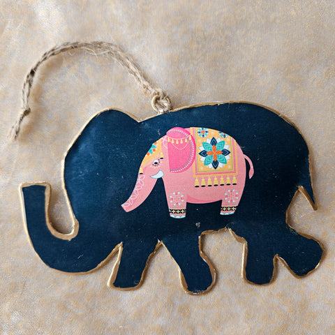 Extra Large Hanging Metal Elephant Ornament - Pink & Black