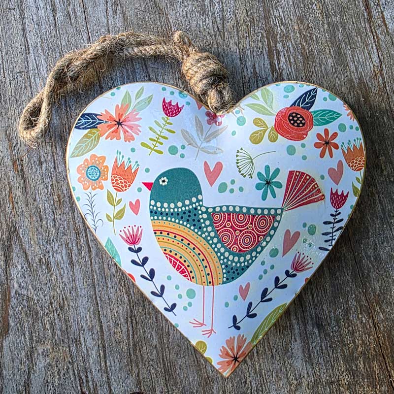 White Floral Bird Design Metal Heart Ornament - Extra Large