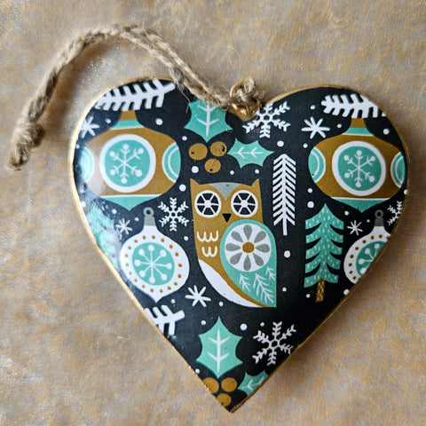 Festive Woodland Hanging Metal Heart Ornament - Owl