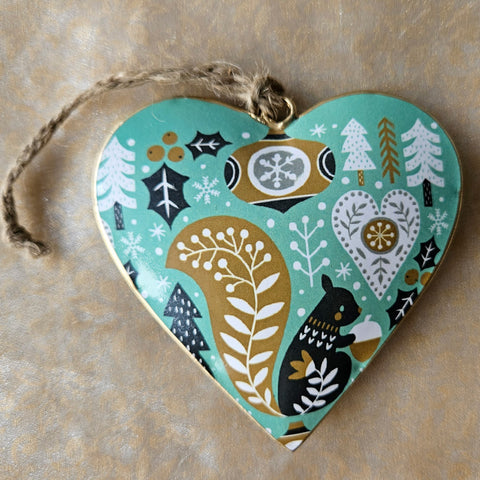 Festive Woodland Hanging Metal Heart Ornament - Squirrel