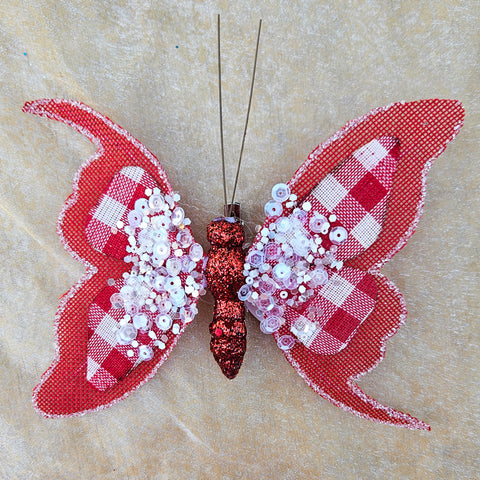 Butterfly Clip Fabric Ornament - Gingham Red/White