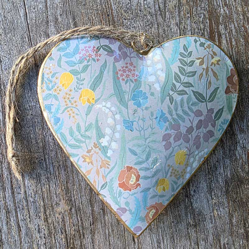 Grey Multicolour Floral Metal Heart Ornament