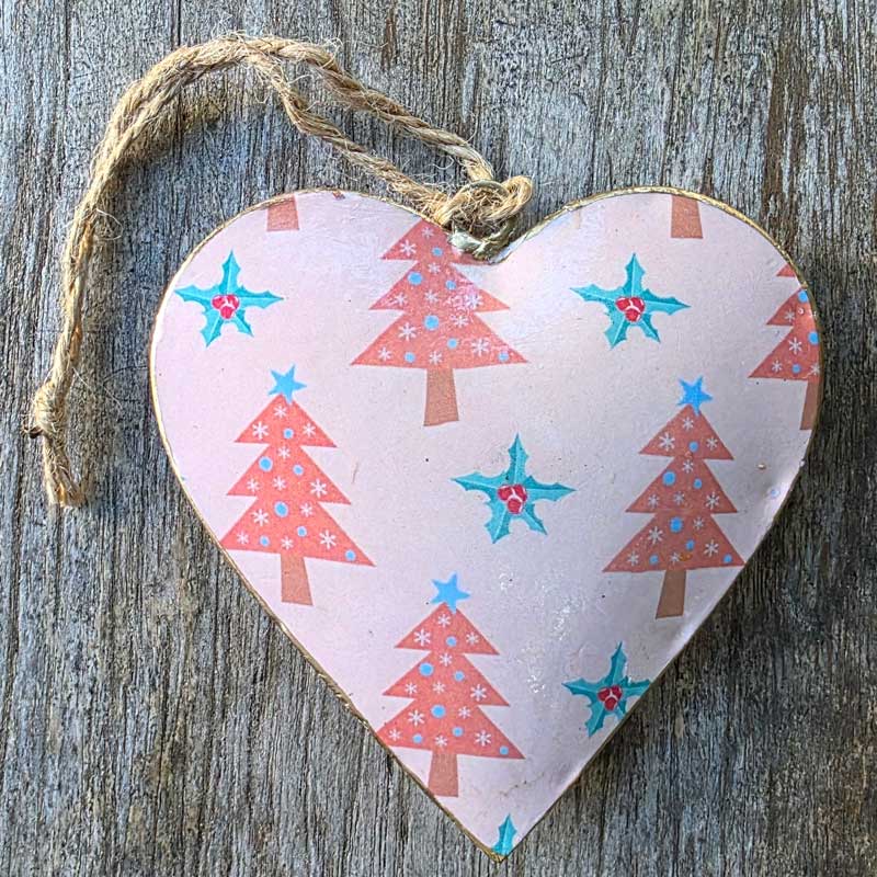 Handmade Metal Hanging Heart Ornament - Christmas Trees Pink