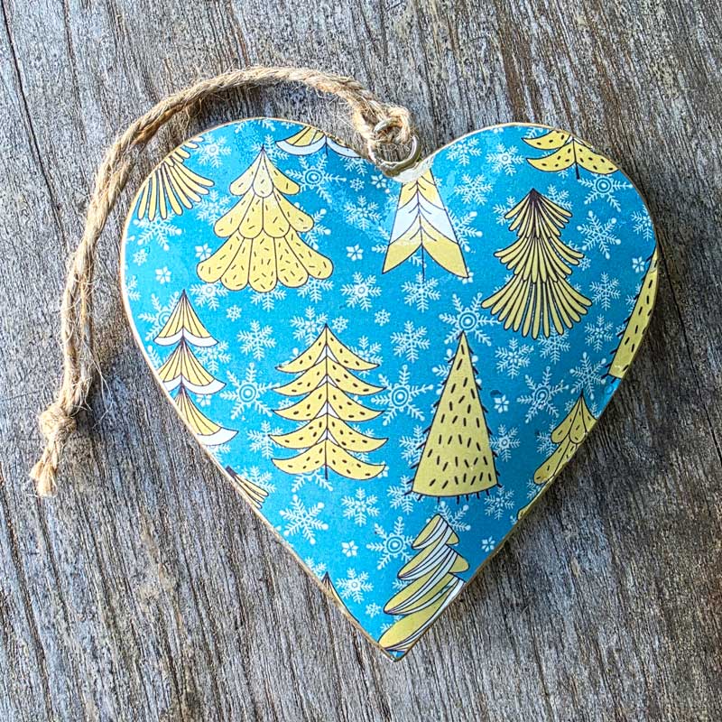 Handmade Metal Hanging Heart Ornament - Christmas Trees Aqua