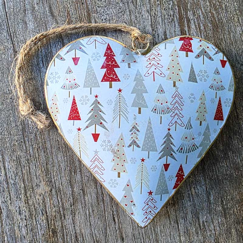 Handmade Metal Hanging Heart Ornament - Christmas Trees White