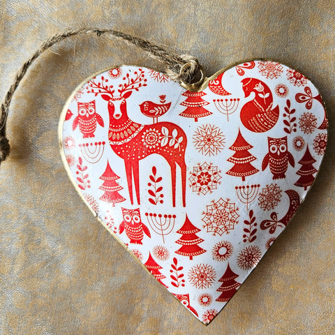 Handmade Metal Hanging Heart Ornament - Red Reindeer & Owls