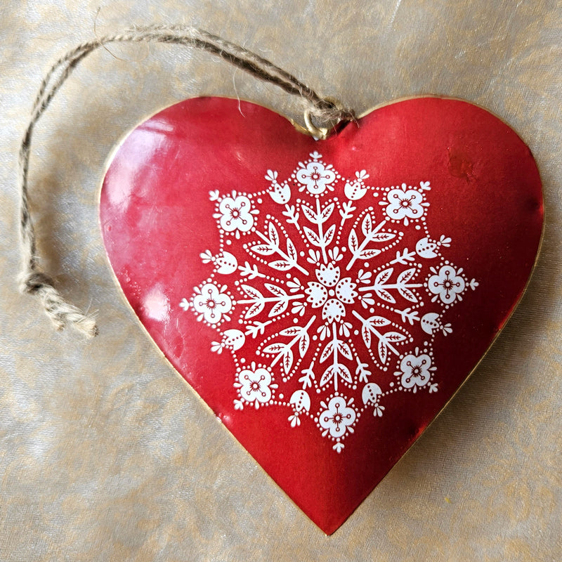Handmade Metal Hanging Heart Ornament - Red Snowflake