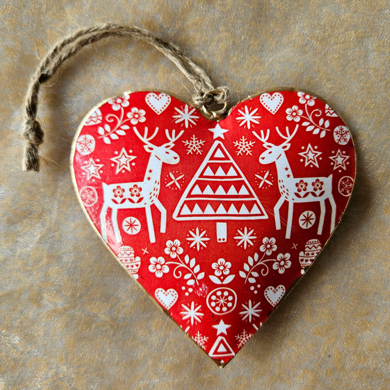Handmade Metal Hanging Heart Ornament - Red Deer & Tree