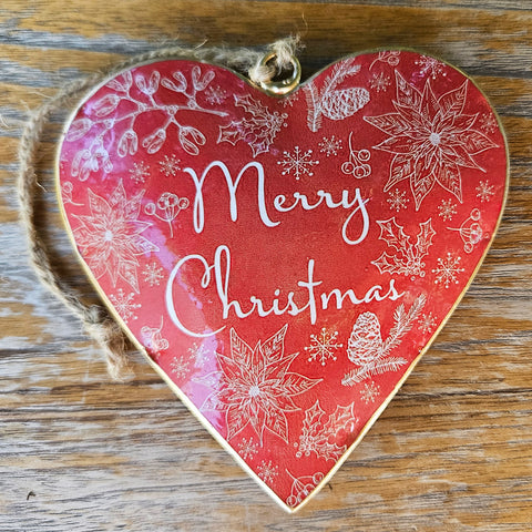 Handmade Metal Heart Ornament - Merry Christmas Red