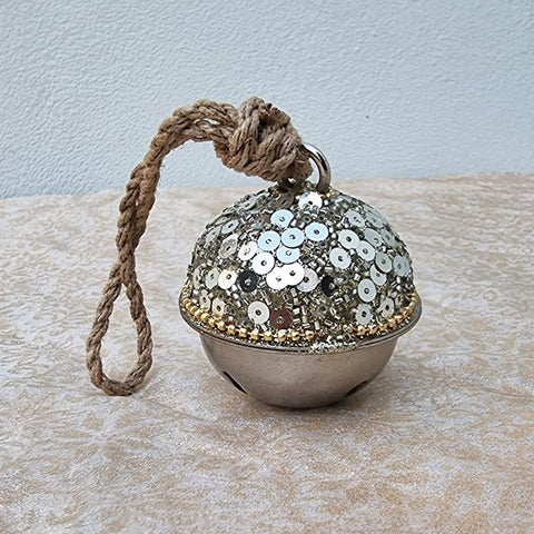 Hanging Brass Glitter Beaded Round Bell - Silver