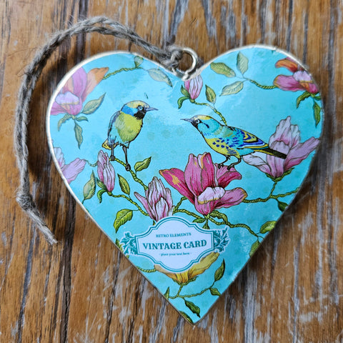 Bird Design Metal Heart Ornament - Aqua