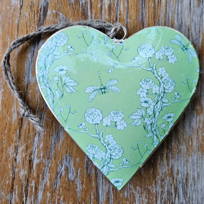 Dragonfly Metal Heart Ornament - Green