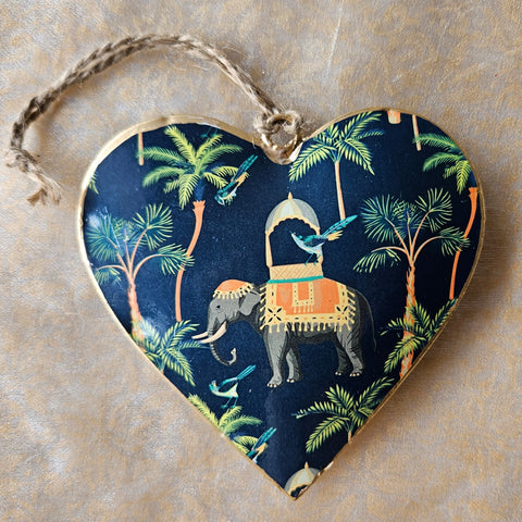 Elephant Design Hanging Metal Heart Ornament - Black