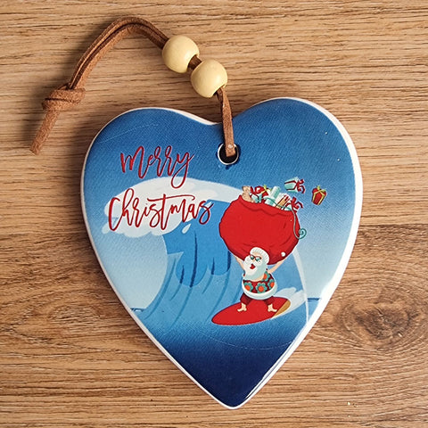 Surfing Santa Sack Merry Christmas Hanging Heart Ornament