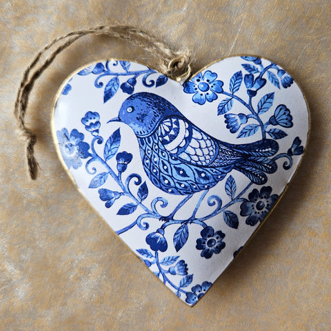 Vintage Blue Floral Bird Metal Heart Ornament