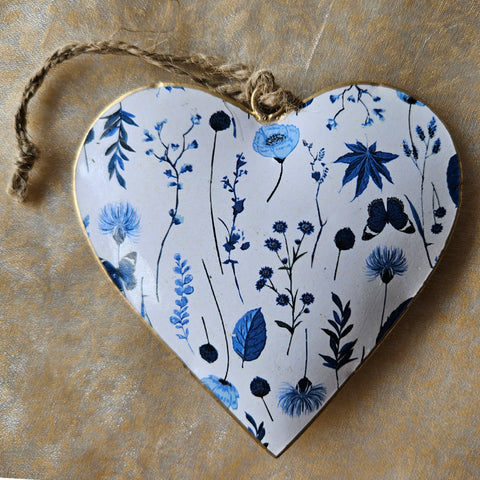 Vintage Blue & White Floral Metal Heart Ornament