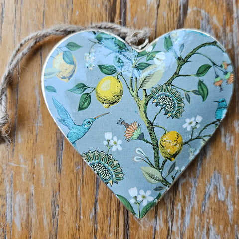Bird Design Metal Heart Ornament - Lemons