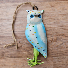 Handmade Metal Owl Hanging Ornament - Blue