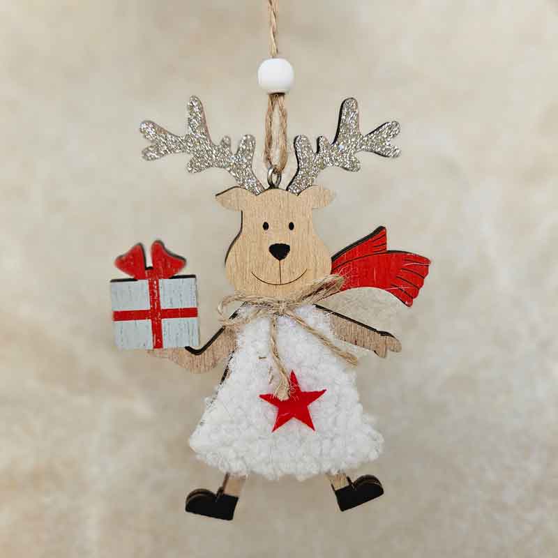Fluffy Reindeer Christmas Ornament Holding Present - White