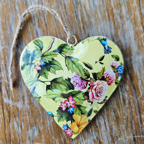 Bird Design Metal Heart Ornament - Roses