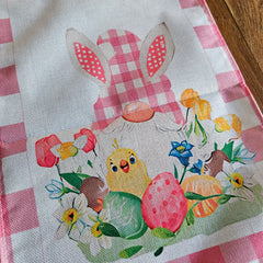 Easter Table Runner - Pink Check Bunny Gnome