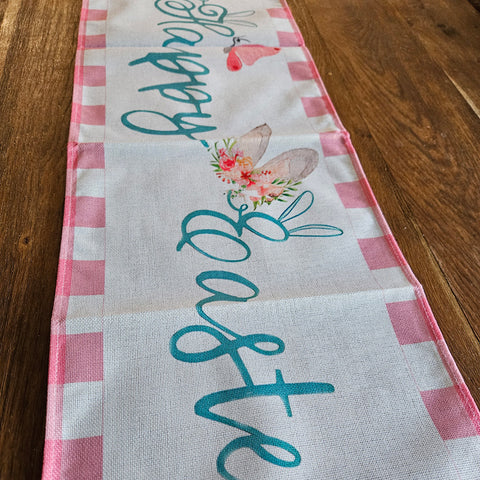 Easter Table Runner - Pink Check Bunny Gnome