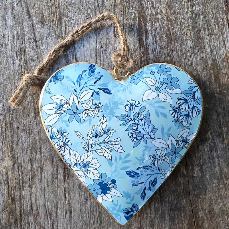 Pale Blue Floral Metal Heart Ornament