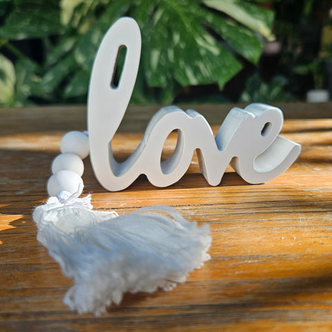 Love Wooden Word Sign With Tassel - White