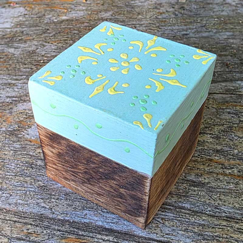 Aqua & Yellow Mini Wood Box - Handpainted