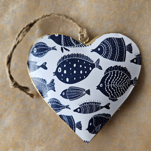 Fish Design Hanging Metal Heart Ornament - Navy