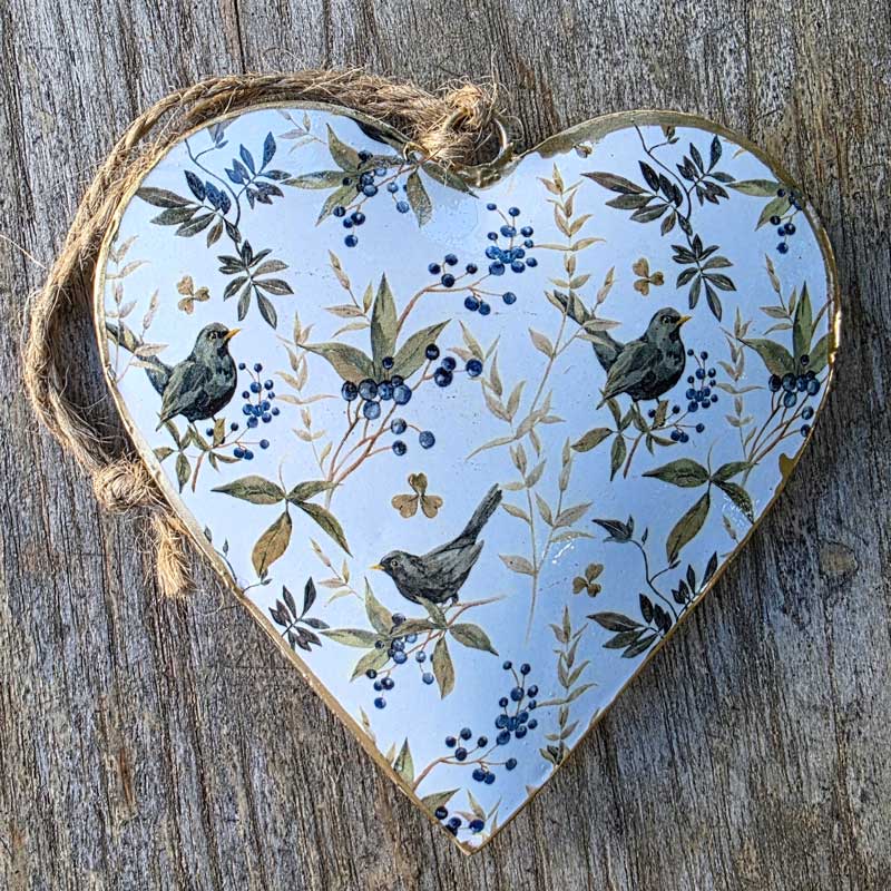Birds Black & Olive Metal Heart Ornament