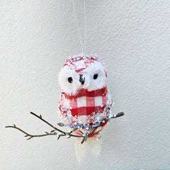 Owl Hanging Christmas Ornament - Gingham Red/White