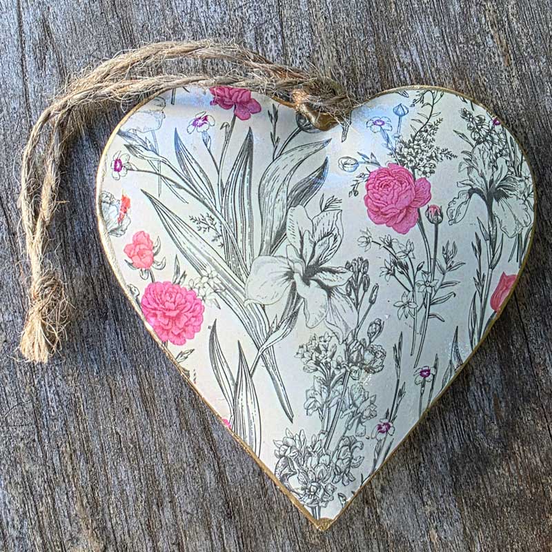 Cream & Pink Flowers Metal Heart Ornament