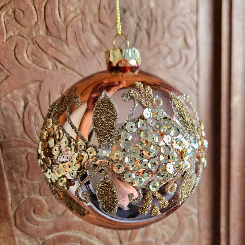 Rose Gold Sequinned Ornate Hanging Christmas Bauble